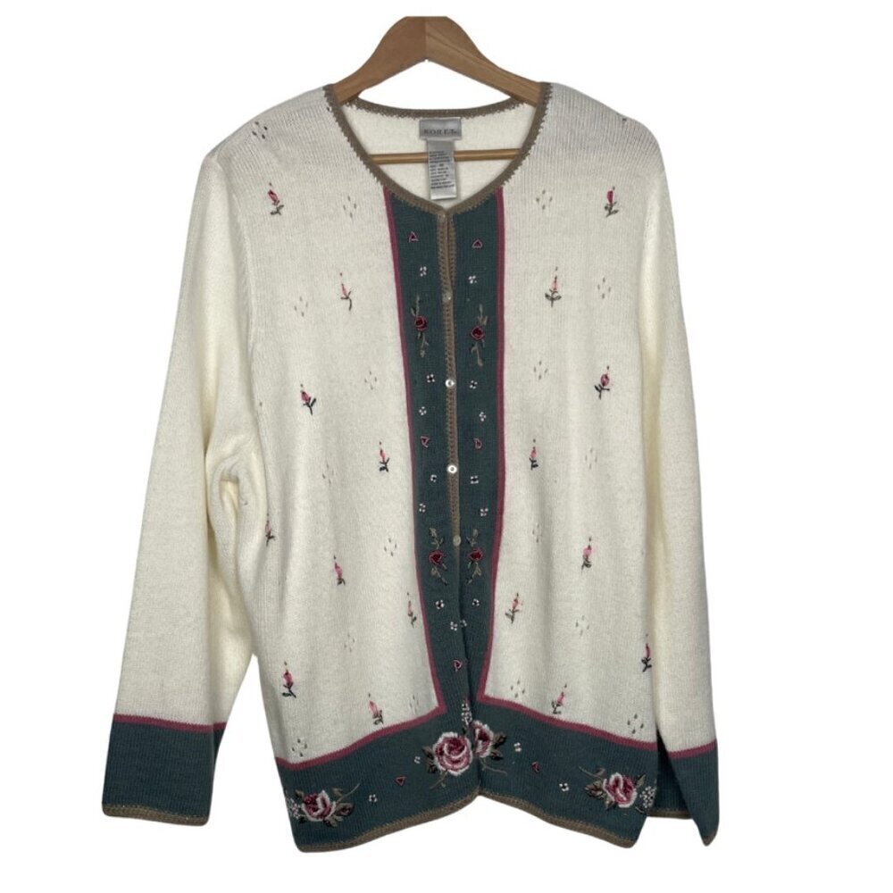 Vintage Dead Stock NWT Embroidered Cream Rose Sweater Cardigan Size 1x (16-18)